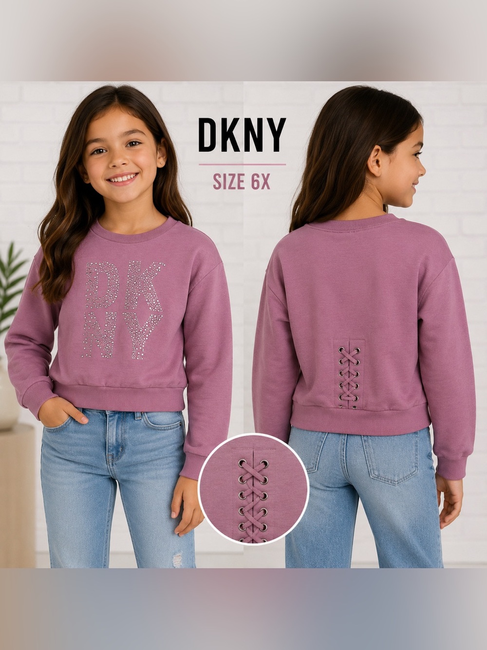 DKNY Girls 6X Pink Rhinestone Logo Lace-Up Back Sweatshirt cozy girls fashion